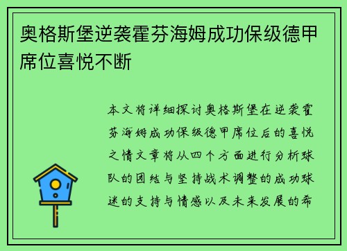 奥格斯堡逆袭霍芬海姆成功保级德甲席位喜悦不断