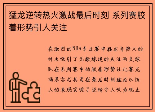 猛龙逆转热火激战最后时刻 系列赛胶着形势引人关注