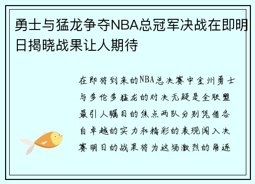 勇士与猛龙争夺NBA总冠军决战在即明日揭晓战果让人期待
