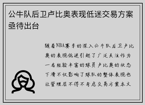 公牛队后卫卢比奥表现低迷交易方案亟待出台
