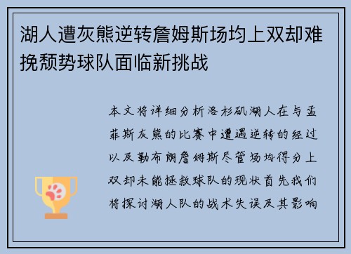湖人遭灰熊逆转詹姆斯场均上双却难挽颓势球队面临新挑战