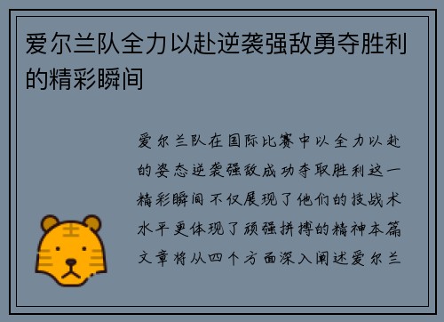 爱尔兰队全力以赴逆袭强敌勇夺胜利的精彩瞬间