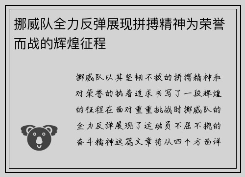 挪威队全力反弹展现拼搏精神为荣誉而战的辉煌征程