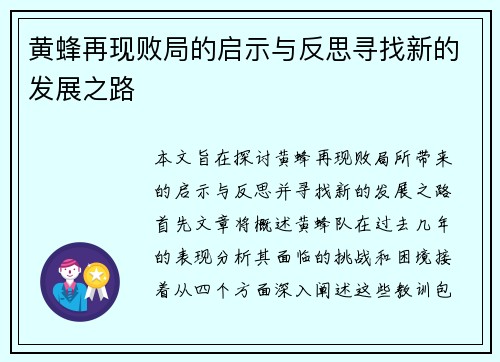 黄蜂再现败局的启示与反思寻找新的发展之路