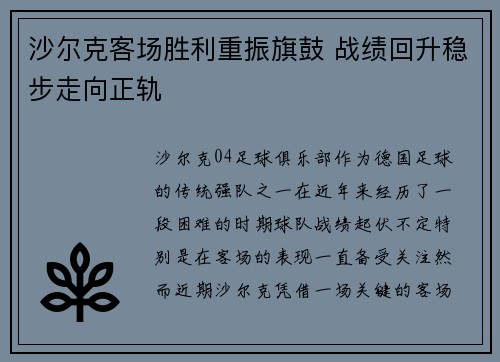 沙尔克客场胜利重振旗鼓 战绩回升稳步走向正轨