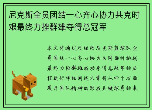 尼克斯全员团结一心齐心协力共克时艰最终力挫群雄夺得总冠军