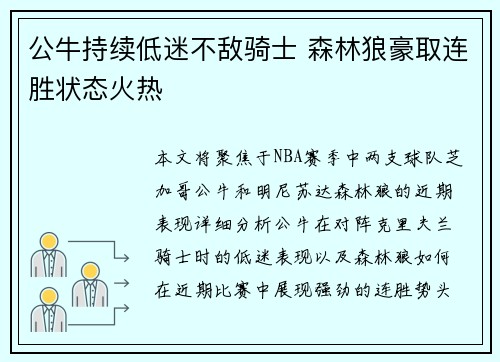 公牛持续低迷不敌骑士 森林狼豪取连胜状态火热