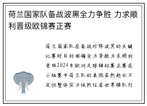 荷兰国家队备战波黑全力争胜 力求顺利晋级欧锦赛正赛