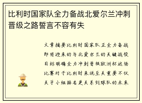 比利时国家队全力备战北爱尔兰冲刺晋级之路誓言不容有失