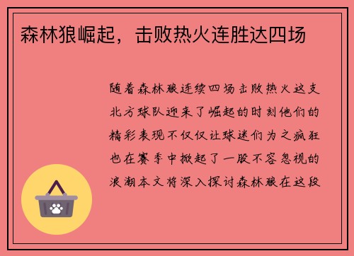 森林狼崛起，击败热火连胜达四场