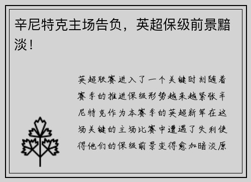 辛尼特克主场告负，英超保级前景黯淡！