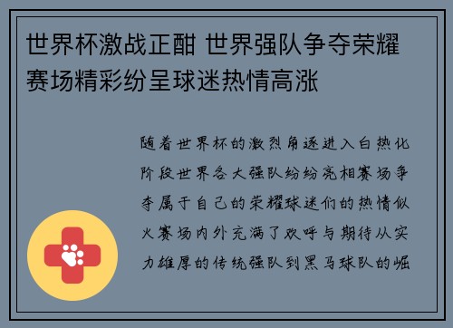 世界杯激战正酣 世界强队争夺荣耀 赛场精彩纷呈球迷热情高涨