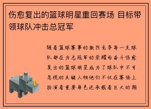 伤愈复出的篮球明星重回赛场 目标带领球队冲击总冠军