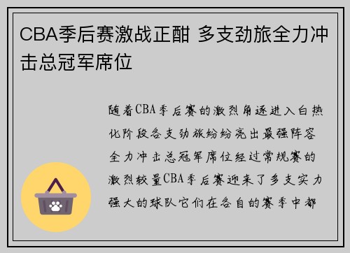 CBA季后赛激战正酣 多支劲旅全力冲击总冠军席位