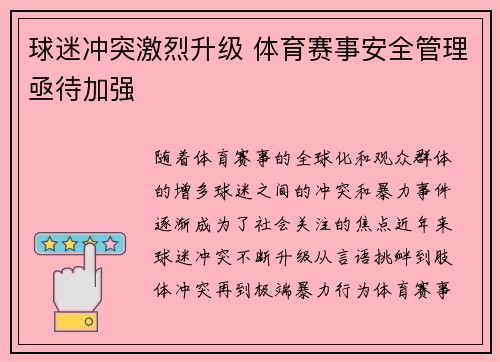 球迷冲突激烈升级 体育赛事安全管理亟待加强