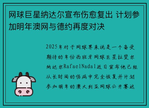 网球巨星纳达尔宣布伤愈复出 计划参加明年澳网与德约再度对决