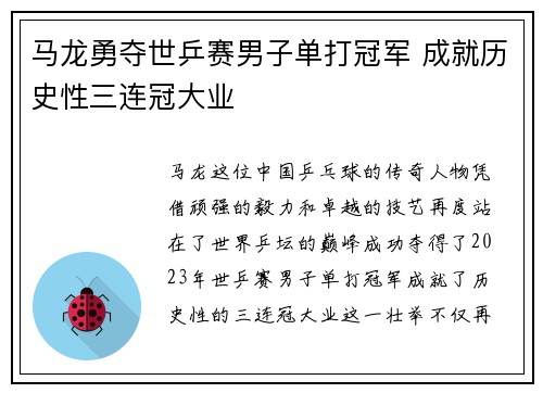马龙勇夺世乒赛男子单打冠军 成就历史性三连冠大业